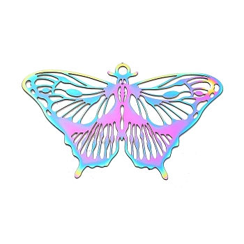 201 Stainless Steel Pendants, Etched Metal Embellishments, Butterfly Charm, Rainbow Color, 23.5x39x0.3mm, Hole: 1.3mm