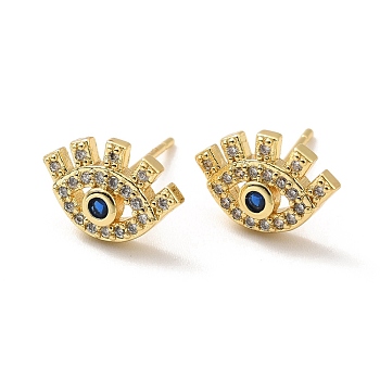 Sapphire Rhinestone Evil Eye Stud Earrings, Rack Plating Brass Jewelry for Women, Cadmium Free & Lead Free, Real 18K Gold Plated, 8.5x12.5mm, Pin: 0.9mm