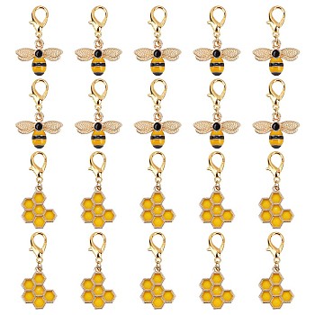 40Pcs 2 Style Alloy Enamel Honeycomb & Bees Pendant Decorations, Lobster Clasp Charms, for Keychain, Purse, Backpack Ornament, Golden, 35mm & 38mm, 20pcs/style