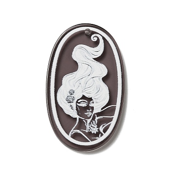 Transparent Acrylic Pendants, Oval with Women Charm, Coffee, 44x26x3mm, Hole: 1.8mm