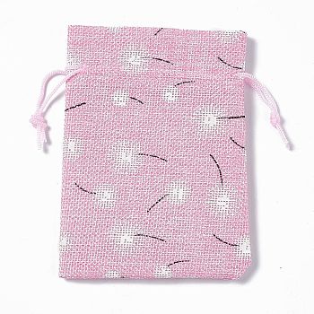 Burlap Packing Pouches Drawstring Bags, Rectangle, Pearl Pink, Flower, 13.5~14x10x0.35cm