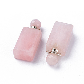Faceted Natural Rose Quartz Openable Perfume Bottle Pendants, with 304 Stainless Steel Findings, Cuboid, Stainless Steel Color, 42~45x16.5~17x11mm, Hole: 1.8mm, Bottle Capacity: 1ml(0.034 fl. oz)