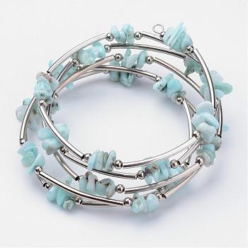 Natural Larimar Beaded Wrap Bracelets, with Steel Bracelet Memory Wire, Iron Beads and Brass Tube Beads, Platinum, 2-1/8 inch(54mm)