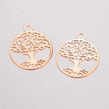 Brass Filigree Pendants, Flat Round with Tree of Life, Rose Gold, 23.5x20x0.5mm, Hole: 3mm