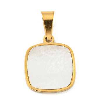 304 Stainless Steel Pave Natural White Shell Square Charms, Golden, 14x12x1mm, Hole: 5.5x3mm