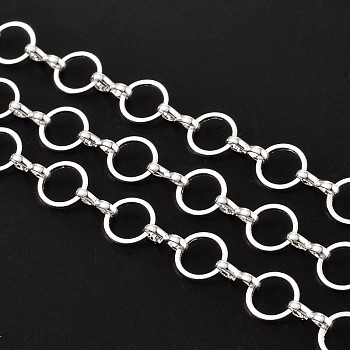 Brass Handmade Chains, Unwelded, with Spool, Silver Color Plated, Mother Link: 8mm in diameter, 1mm thick, Son Link: 1.5mm wide, 7.5mm long, 2.5mm thick, about 32.8 Feet(10m)/roll