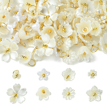 80Pcs 8 Styles ABS Plastic Imitation Pearl Pendants, with Golden Tone 304 Stainless Steel Loops, Flower Charms, White, 10~20x6~27mm, Hole: 3.5mm, 10pcs/style