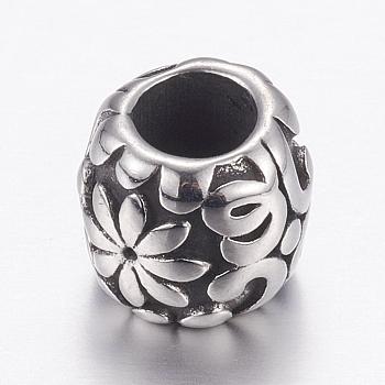 304 Stainless Steel European Beads, Large Hole Beads, Barrel with Flower, Antique Silver, 10x9mm, Hole: 5mm