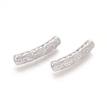 Brass Micro Pave Clear Cubic Zirconia Beads, Long-Lasting Plated, Tube Beads, Platinum, 29x6mm, Hole: 3.5mm