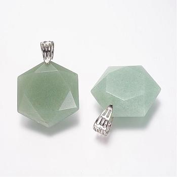 Natural Green Aventurine Gemstone Pendants, Faceted, Hexagram, Platinum, 41x28x9mm, Hole: 5x9mm