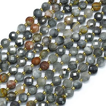 Natural Eagle Eye Stone Beads Strands, with Seed Beads, Faceted, Flat Round, 6~6.5x4mm, Hole: 1mm, about 50pcs/strand, 15.35''(39cm)