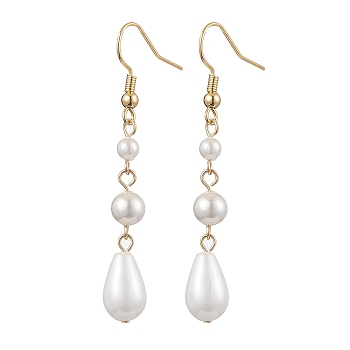 Teardrop Shell Pearl & Brass Dangle Earrings for Women, Real 18K Gold Plated, WhiteSmoke, 54.5x8mm