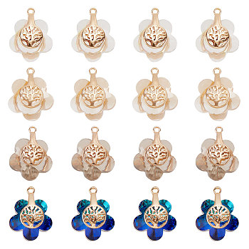 24Pcs 4 Style Electroplate Glass Pendants, with Light Gold Plated Brass Findings, Flower with Tree of Life, Mixed Color, 16~17x14x9mm, Hole: 1.2mm, 6pcs/style