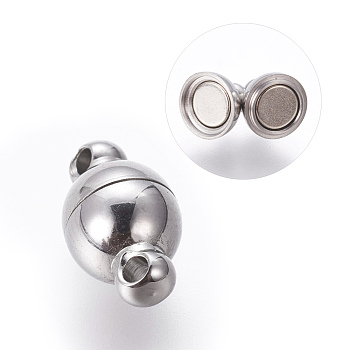 304 Stainless Steel Magnetic Clasps with Loops, Round, Stainless Steel Color, 10x6mm, Hole: 1mm