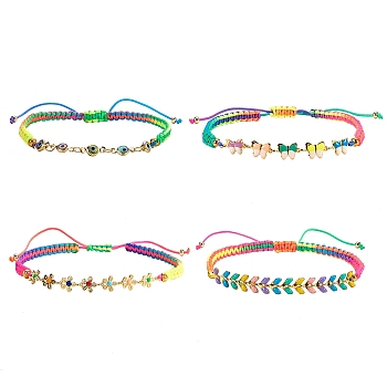 4Pcs 4 Styles Adjustable Nylon Thread Braided Bead Bracelets, with Brass Enamel Links, Brass Round Beads and Velvet Bag, Colorful, Real 18K Gold Plated, Inner Diameter: 2-1/4~3-3/8 inch(5.8~8.5cm), 1pc/style
