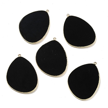 Natural Black Onyx(Dyed & Heated) Pendants, Rack Plating Brass Egg Charms, Golden, 41.5~43x30.5~31x2.4mm, Hole: 1.3~2mm