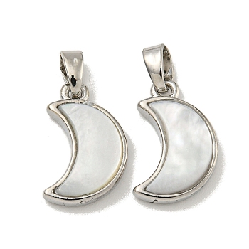 Rack Plating Brass Natural White Shell Pendants, Moon, Platinum, 15.5x10x3.5mm, Hole: 5X2.5mm