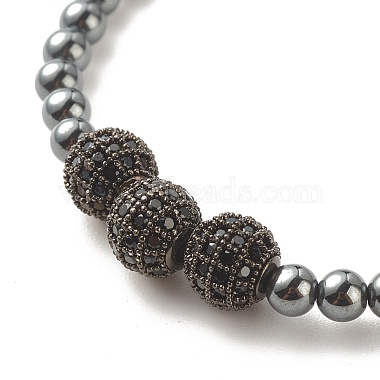 Bracelet extensible perlé rond en hématite synthétique avec zircone cubique(BJEW-JB07798-02)-4