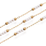 Handmade 304 Stainless Steel Cable Chains, Round, with ABS Imitation Pearl, Real 18K Gold Plated, Soldered, with Spool, Creamy White, 2mm(CHS-N008-04G)