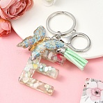 Resin & Acrylic & Faux Suede Tassel Keychain, with Alloy Clasp and Iron Rings, Letter E, 0.9cm(KEYC-YW00126-05)