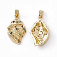 Brass Micro Pave Cubic Zirconia Pendants, with Glass Rhinestone, Conch Charm, Real 18K Gold Plated, 21.5x13x5mm, Hole: 5x2.5mm(KK-E068-VC051)