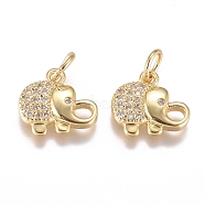 Brass Micro Pave Cubic Zirconia Pendants, with Jump Ring, Long-Lasting Plated, Elephant, Golden, 10x11x2mm, Hole: 3.8mm(X-ZIRC-G168-40G)