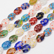 Handmade Millefiori Glass Bead Strands, Flat Oval, Colorful, 12x8x3.5~4mm, Hole: 1mm, about 33~34pcs/strand, 15.3 inch(X-LAMP-G108-07)