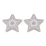 Brass Enamel Big Pendants, Etched Metal Embellishments, Matte Gold Color, Star with Flower, Lilac, 50x50x0.3mm, Hole: 1.6mm(X-KK-N223-02D)