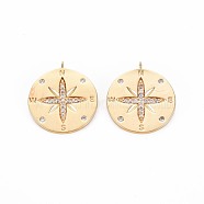 Brass Micro Pave Clear Cubic Zirconia Pendants, Nickel Free, Flat Round with Compass, Real 18K Gold Plated, 20x17.5x1mm, Hole: 1.4mm(KK-S356-703)