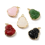 Natural Dyed Jade Pendants, with Rack Plating Real 18K Gold Plated Brass Findings and Jump Ring, Laughing Buddha, Cadmium Free & Nickel Free & Lead Free, Mixed Color, 24x19x7.5mm, Jump Ring: 5x0.7mm, Hole: 3.4mm(KK-C242-06G)