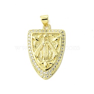 Real 18K Gold Plated Brass Micro Pave Cubic Zirconia Pendants, Shield with Virgin, Clear, 29x19x3mm, Hole: 3.5x4.5mm(KK-H472-15G-02)