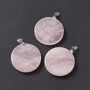 Natural Rose Quartz Pendants, Flat Round Charms with Round Pattern, with Rack Plating Platinum Tone Brass Findings, Cadmium Free & Lead Free, 30x4~8mm, Hole: 4x4mm(G-P491-03P-06)