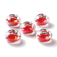 Shell Filling Brass Cores Acrylic European Beads, Rondelle, Large Hole Bead, Faceted, Silver, Red, 15x8mm, Hole: 5mm(OACR-M024-01S-02)