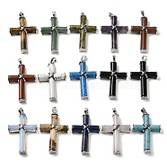 Natural & Synthetic Mixed Gemstone Big Pendants, Cross Charms with Rack Plating Platinum Tone Brass Findings, Mixed Dyed and Undyed, 50x32x9.5mm, Hole: 8x5mm(G-F758-E-P)