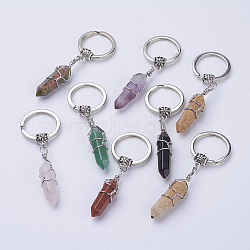 Natural/Synthetic Mixed Stone Pointed Keychain, with Iron Key Rings, Brass & Alloy Finding, Bullet, Platinum, 70~75mm, 38~44x10~11mm(KEYC-E023-08)