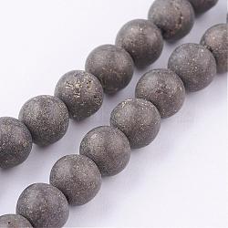 Natural Pyrite Beads Strands, Round, Frosted, 6mm, Hole: 1mm, about 33pcs/strand, 8 inch(G-P303-03-6mm-8)