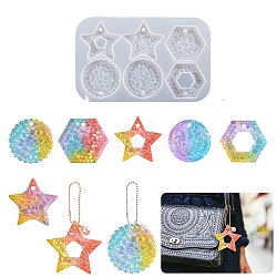 DIY Silicone Flash Diamond Effect Pendant Molds, Resin Casting Molds, for UV Resin, Epoxy Resin Jewelry Making, Star/Hexagon/Flat Round, Mixed Patterns, 236x150x11mm, Hole: 6mm, Inner Diameter: 60.5~67.5x67.5~69mm(DIY-G079-16B)