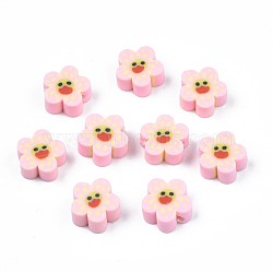 Handmade Polymer Clay Beads, Flower with Smiling Face, Pink, 9~10x4mm, Hole: 1.5mm(CLAY-S096-011H)