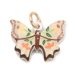 Painted Brass Pendants, Butterfly with Flower Charms, Golden, Bisque, 15x19.5x4mm, Hole: 4mm(KK-CBAA339-02C)