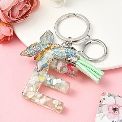 Resin & Acrylic & Faux Suede Tassel Keychain, with Alloy Clasp and Iron Rings, Letter E, 0.9cm(KEYC-YW00126-05)