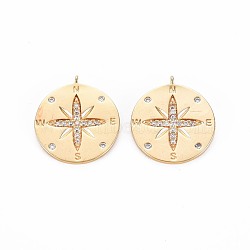 Brass Micro Pave Clear Cubic Zirconia Pendants, Nickel Free, Flat Round with Compass, Real 18K Gold Plated, 20x17.5x1mm, Hole: 1.4mm(KK-S356-703)