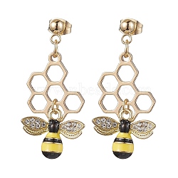 Brass and Alloy Bees & Honeycomb Stud Earrings, 304 Stainless Steel Dangle Earrings for Women, Golden, 36x18.5mm(EJEW-TA00489)