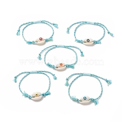 Natural Cowrie Shell with Evil Eye Braided Bead Bracelet with Nylon & Cotton Cord for Women, Mixed Color, Inner Diameter: 3/4~2-7/8 inch(2~7.4cm)(BJEW-JB09140)