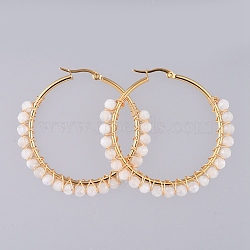 Beaded Hoop Earrings, with Natural Rainbow Moonstone Beads, Golden Plated 304 Stainless Steel Hoop Earrings and Cardboard Packing Box, 50mm, Pin: 0.6x1mm(X-EJEW-JE03830-01)