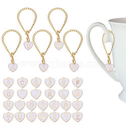 26Pcs 26 Styles Alloy Enamel Cup Charms, with Iron  Chains Curb Chains, Heart with Letter A~Z, Golden, 141mm, 1pc/style(HJEW-GL00003)