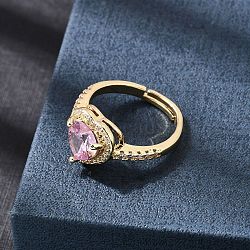 Brass Micro Pave Cubic Zirconia Cuff Open Rings, Heart, Golden, 17mm(CU-CBA5C10-05G)