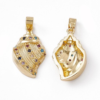 Brass Micro Pave Cubic Zirconia Pendants, with Glass Rhinestone, Conch Charm, Real 18K Gold Plated, 21.5x13x5mm, Hole: 5x2.5mm