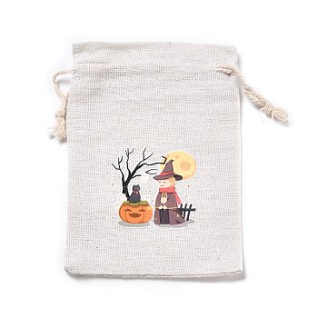 Halloween Cotton Cloth Storage Pouches, Rectangle Drawstring Bags, for Candy Gift Bags, Witch Pattern, 13.8x10x0.1cm