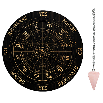 AHADEMAKER 1Pc Cone/Spike/Pendulum Natural Rose Quartz Stone Pendants, 1Pc 304 Stainless Steel Cable Chain Necklaces, 1Pc PVC Custom Pendulum Board, Dowsing Divination Board, Constellation Pattern, Board: 200x4mm