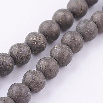 Natural Pyrite Beads Strands, Round, Frosted, 6mm, Hole: 1mm, about 33pcs/strand, 8 inch